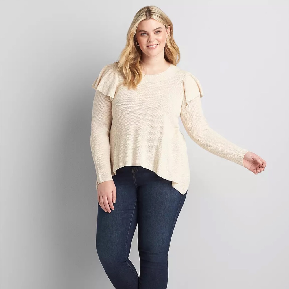 Lane Bryant cream ruffle shoulder sweater